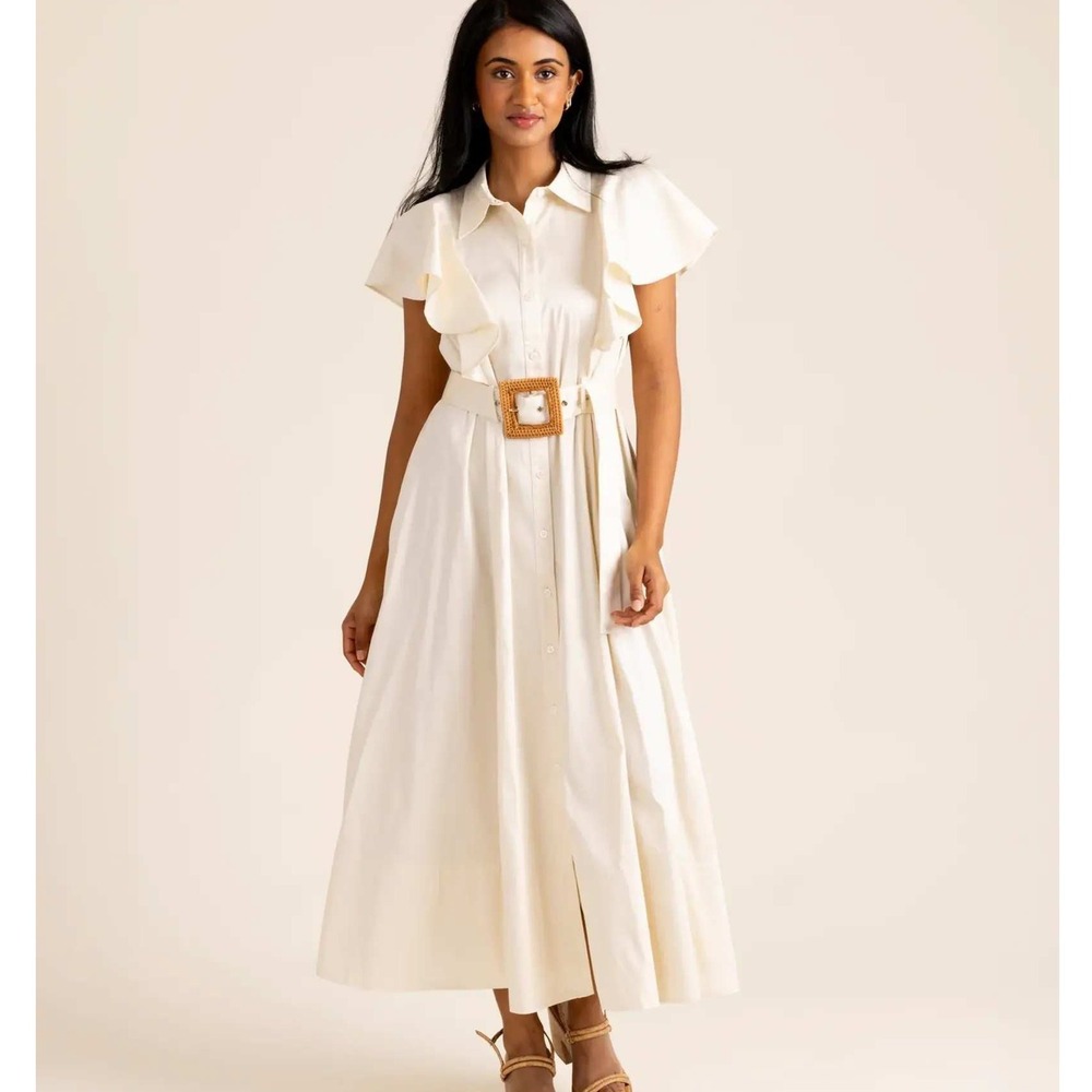 Alden Adair Button Front Dress Women Sz S Cream Ruffle Flutter Sleeve Belted